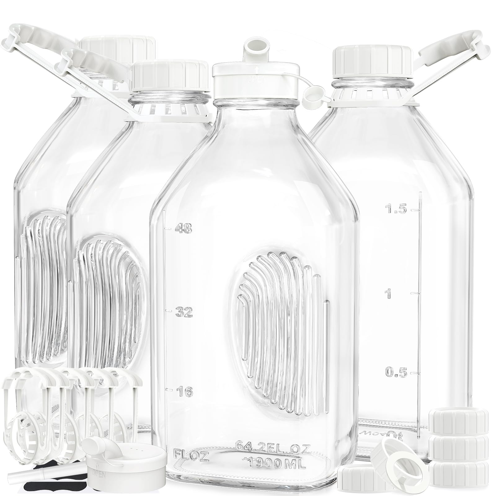 Syntic 4 Pack 2 Qt Glass Milk Bottles with Handle and Airtight Reusable Screw Lids, 1/2 Gal Glass Water & Juice Bottles with 2 Pour Spouts, 64 Oz Milk Jug Pitcher w Scale