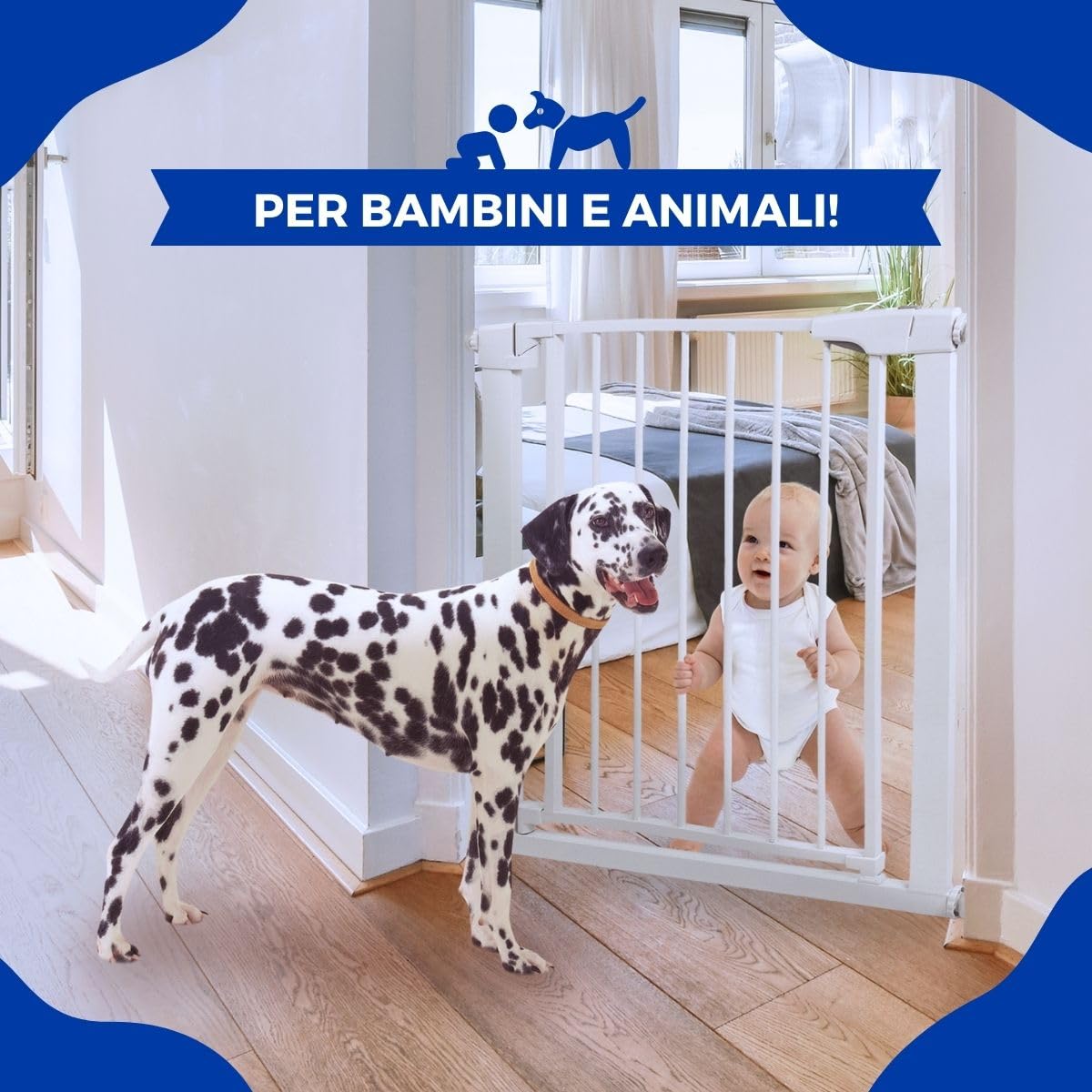 Mobiclinic® kids, Cancelletto di sicurezza per bambini e animali domestici, Raily, Chiusura automatica, Doppia apertura, Larghezza da 75 a 82 cm, Montaggio pressione senza fori, Scale porte