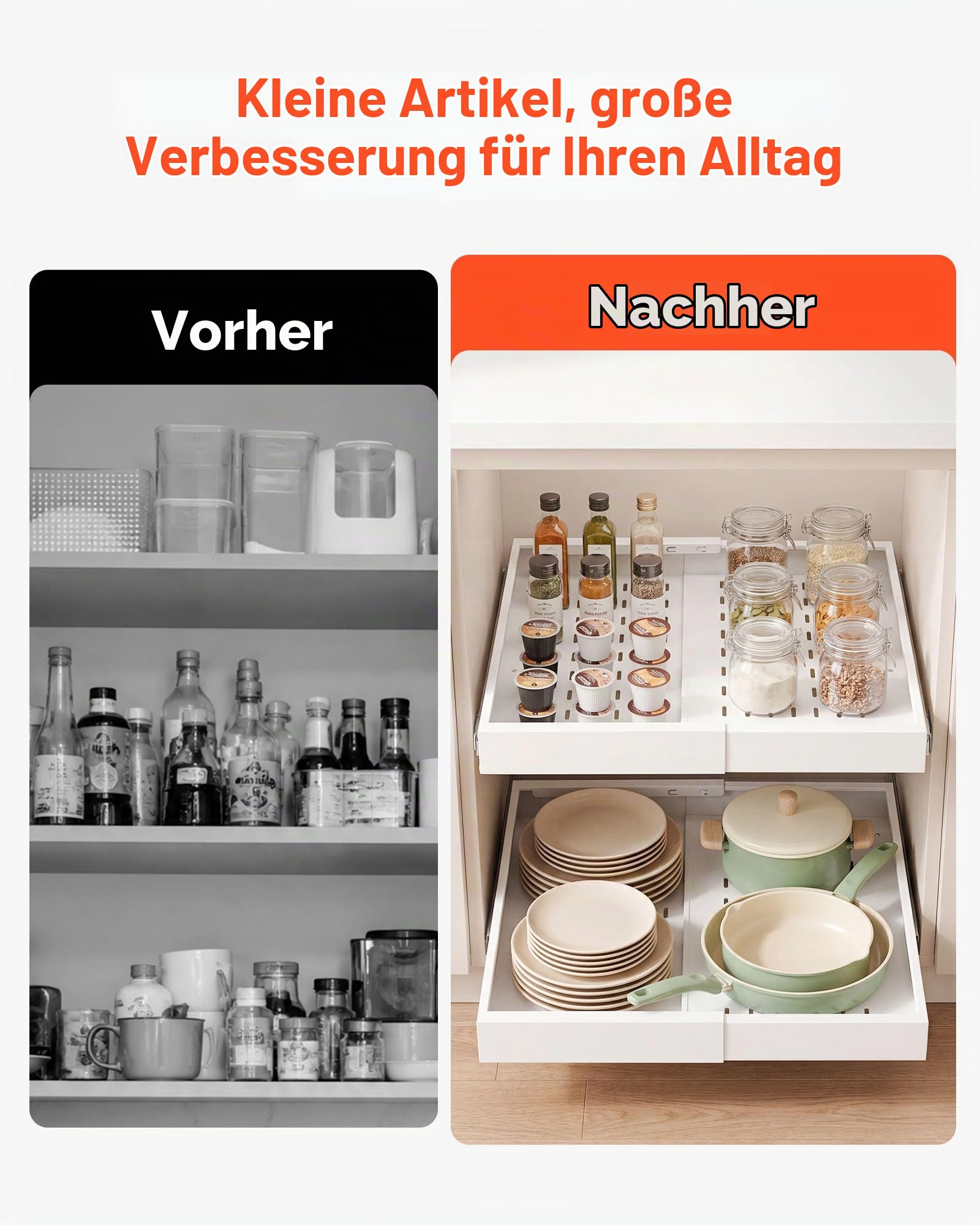 VEVOR 2 x Teleskopschubladen Ausziehbare Küchenschrank-Organizer 31-48 cm, 52 cm Tiefe Auszugsschubladen für Schränke, Erweiterbare Auszugsschubladen für Küchenschränke mit Nano-Klebestreifen (Weiß)