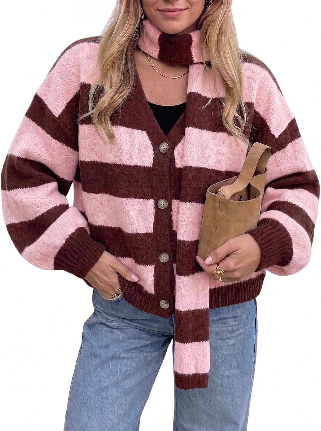 Tankaneo Cardigan Sweaters for Women Oversized Striped Cardigans with Scarf