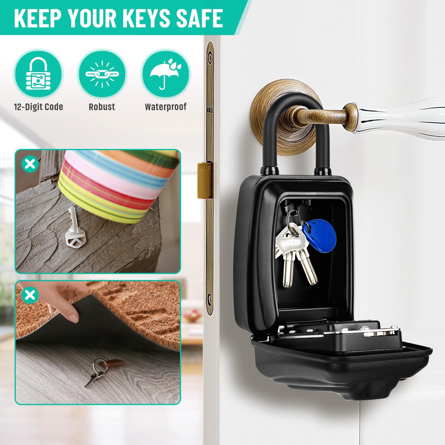 Key Lock Box for Outside, Sturdy Waterproof Hanging Lock Box for House Key, 12-Digit Combination Resettable Large Capacity Security Lockbox for Home, Garage, Office, Warehouse