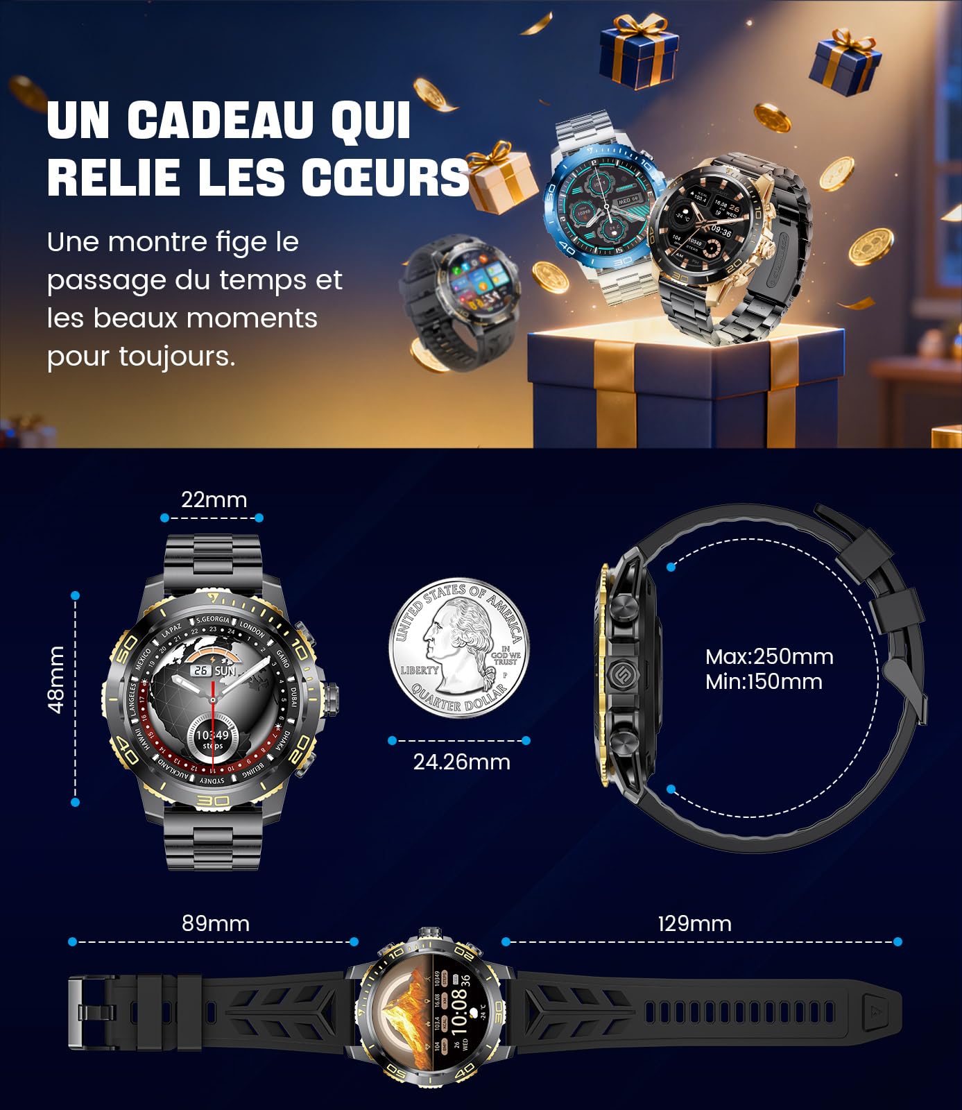 DREMAC Montre Connectée Homme 800 mAh Batterie, 1.43'' Amoled Montre Intelligent avec Fréquence Cardiaque/Suivi de Sommeil, IP68 Smartwatch avec 200 Modes Sportifs pour iOS/Android, 2 Bracelets