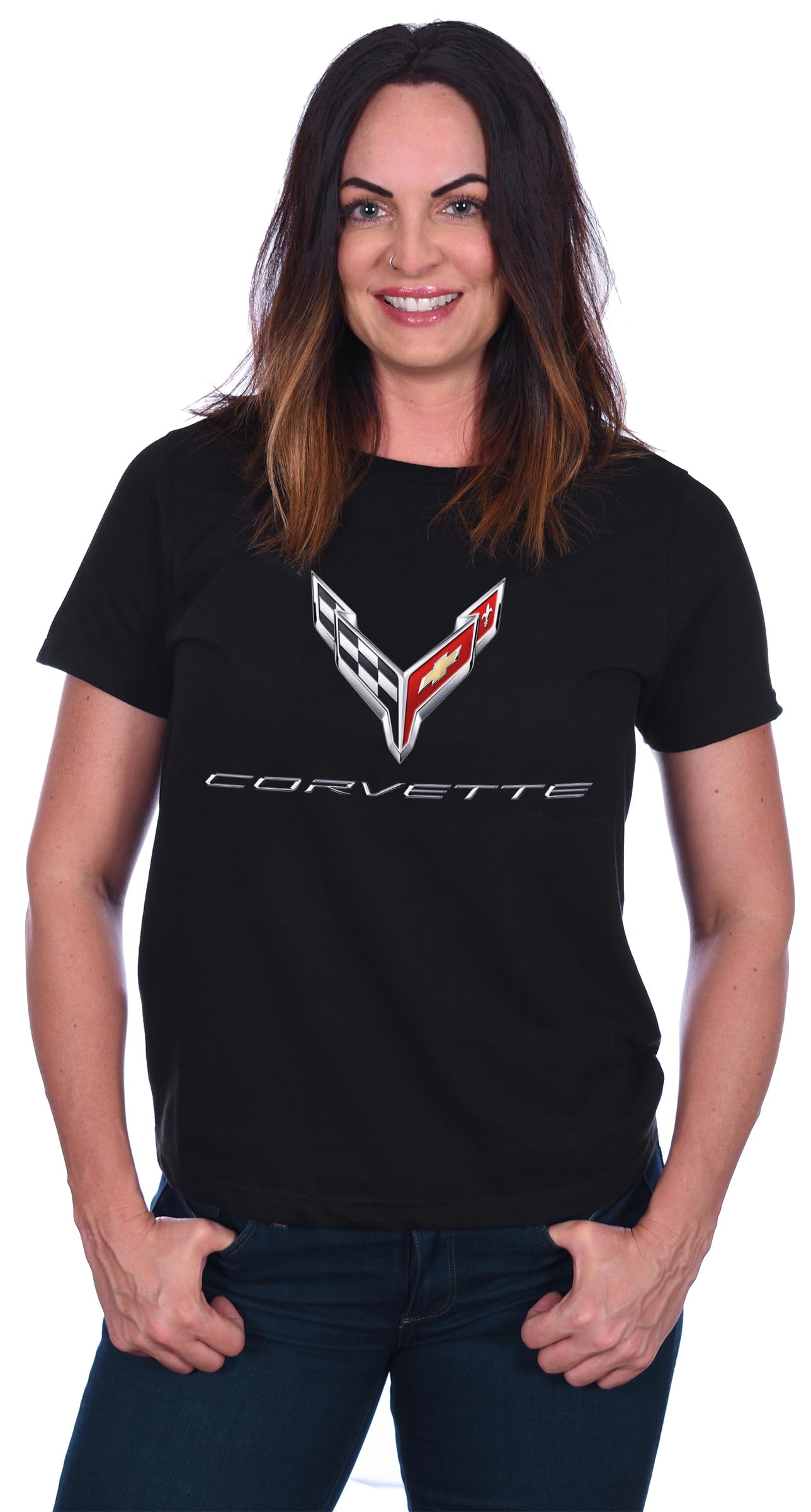 JH DESIGN GROUPWomen's Chevy Corvette C8 Logo T-Shirt in Crew Neck or V-Neck