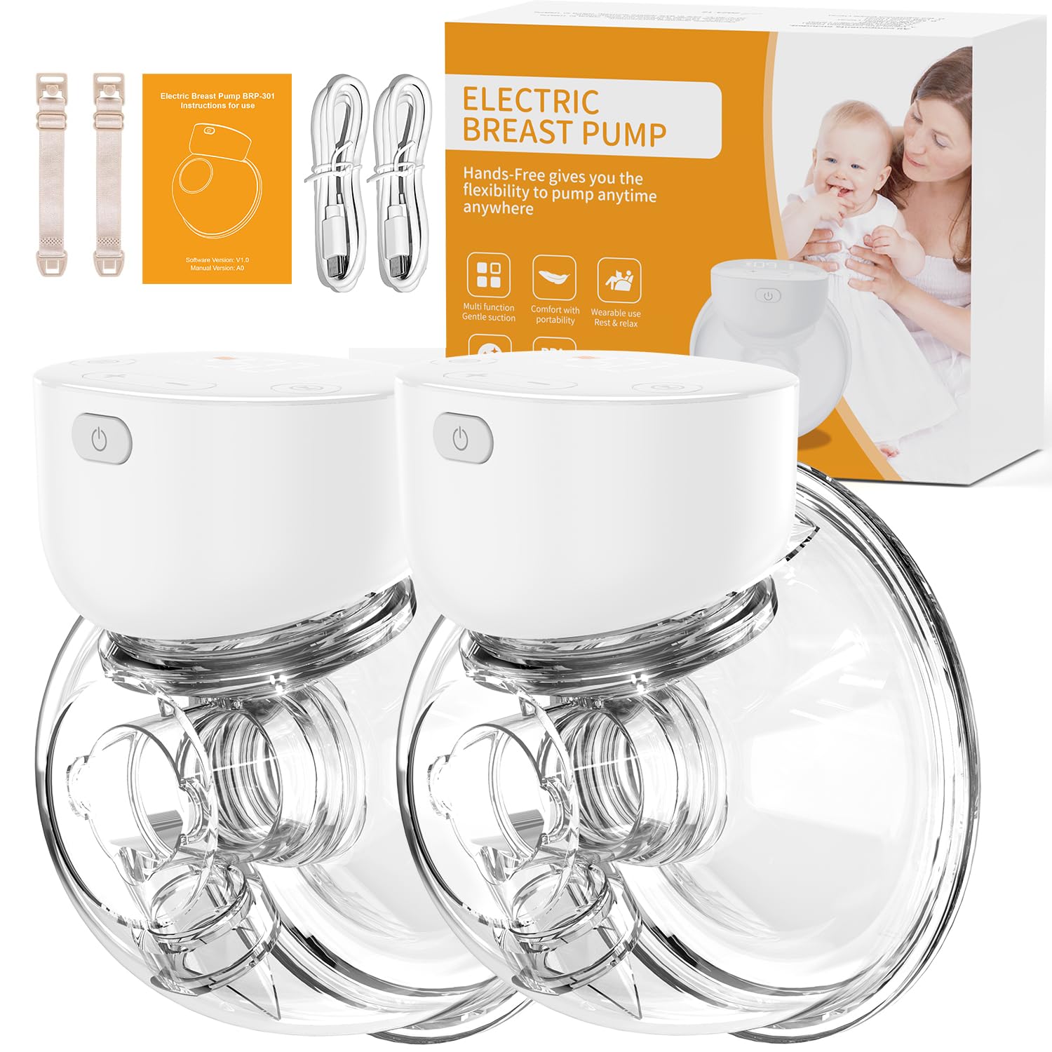 Breast Pump Wearable Hands Free Breast Pumps with 2 Modes & 9 Levels, LCD Display Rechargeable Memory Function, 24mm, 2 Pack