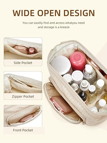 Miniatura 4 de Telena Bolsa de maquillaje de gran capacidad, bolsas de cosméticos de viaje de doble capa, bolsa de maquillaje portátil de cuero para mujeres,