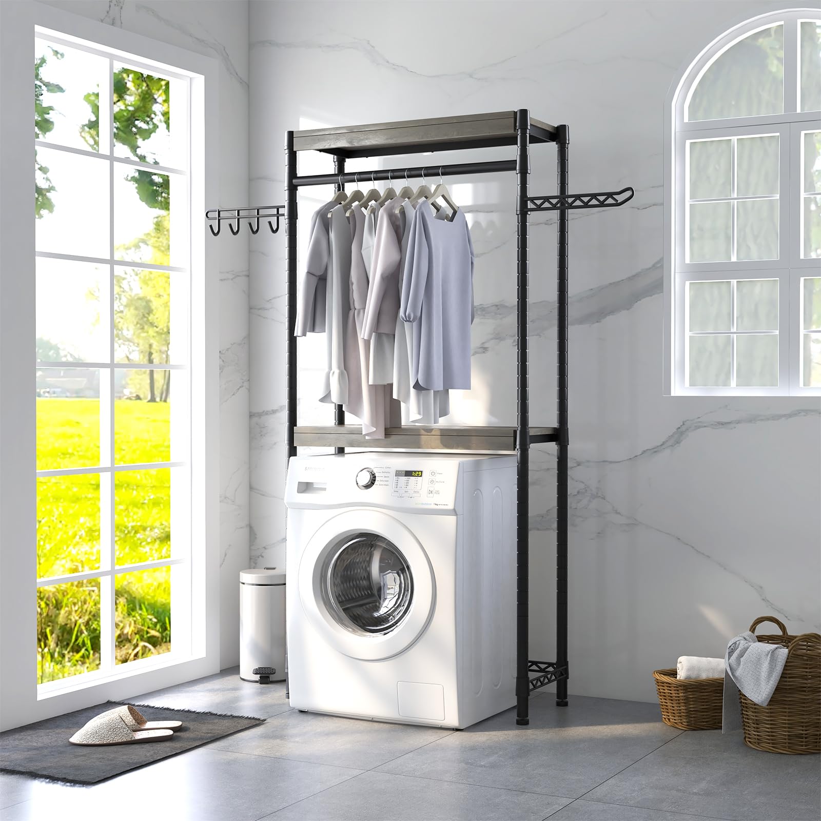 Garvee Estante De Almacenamiento De Lavadora, sobre La Lavadora y Secadora, Estantes De Madera Que Ahorran Espacio con Altura Ajustable para Baño, Lavandería y Balcón, 79x30x188 cm