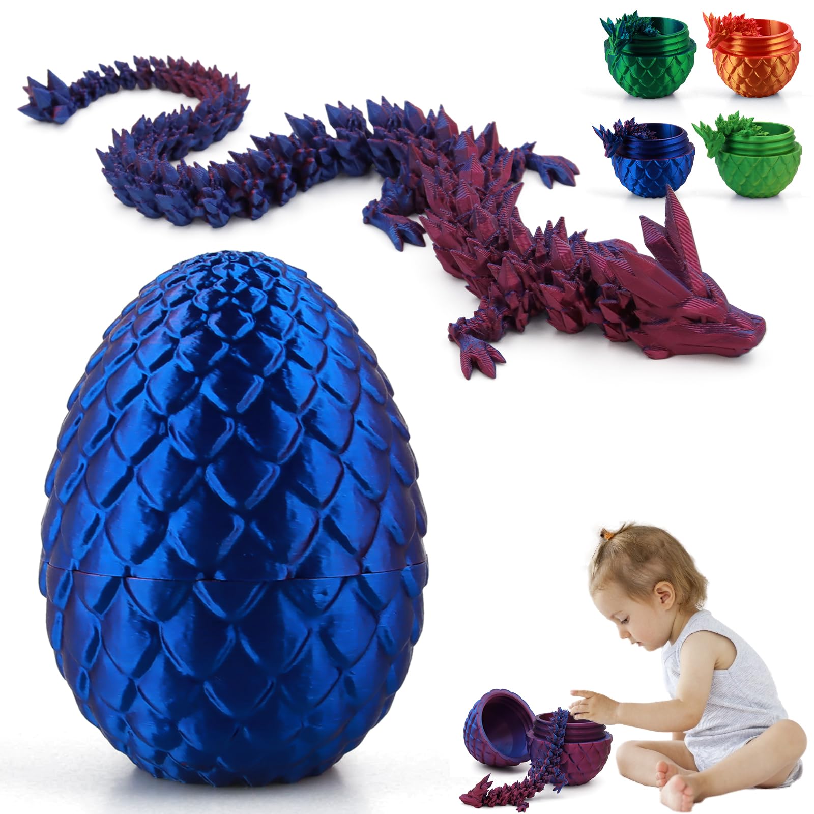 Binggunyo3D Printed Surprise Dragon in the Egg, Removable Eggshell and Flexible Joints, Fully Movable Dragon Crystal Dragon with Dragon Egg, Desk Toy Dragon Ornament for Cars, Houses (C)
