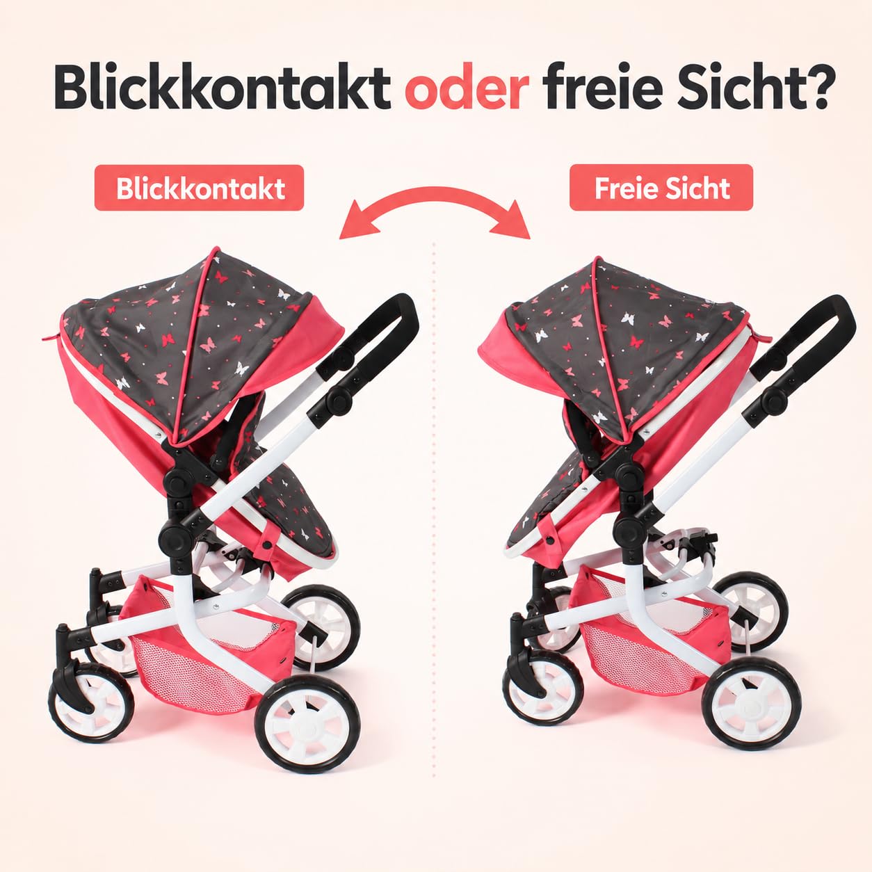 Bayer Chic 2000 Mika wózek dla lalek 2 w 1, koralowy motyl, składany, z regulacją wysokości 47-80 cm, nowoczesny stelaż, lalki do 52 cm, 4-8 J.