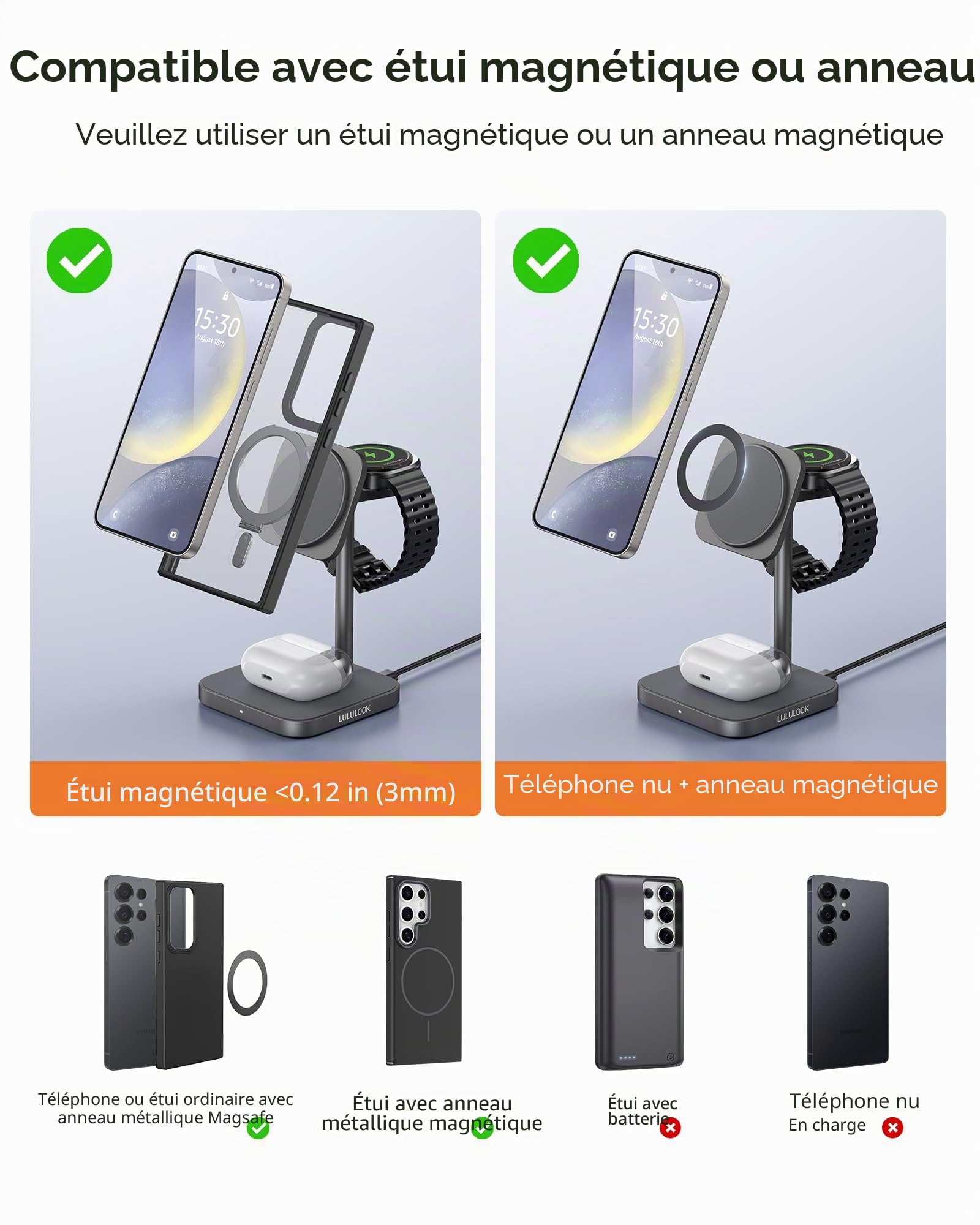LULULOOK Station de Charge inductive 3 en 1 pour Samsung S25 Ultra - en Aluminium - avec Charge Rapide de 15 W - Chargeur 5 W - pour Galaxy Watch Ultra 7 - Gris