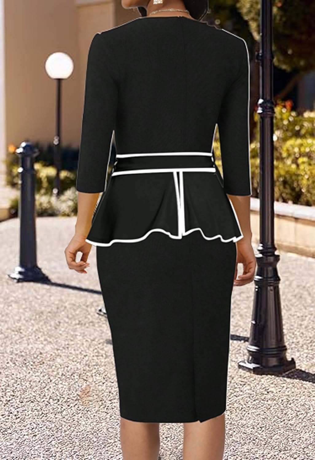 Women's Vintage Church Bodycon Pleated Crew Neck Work Midi Pencil Dress - Image 4