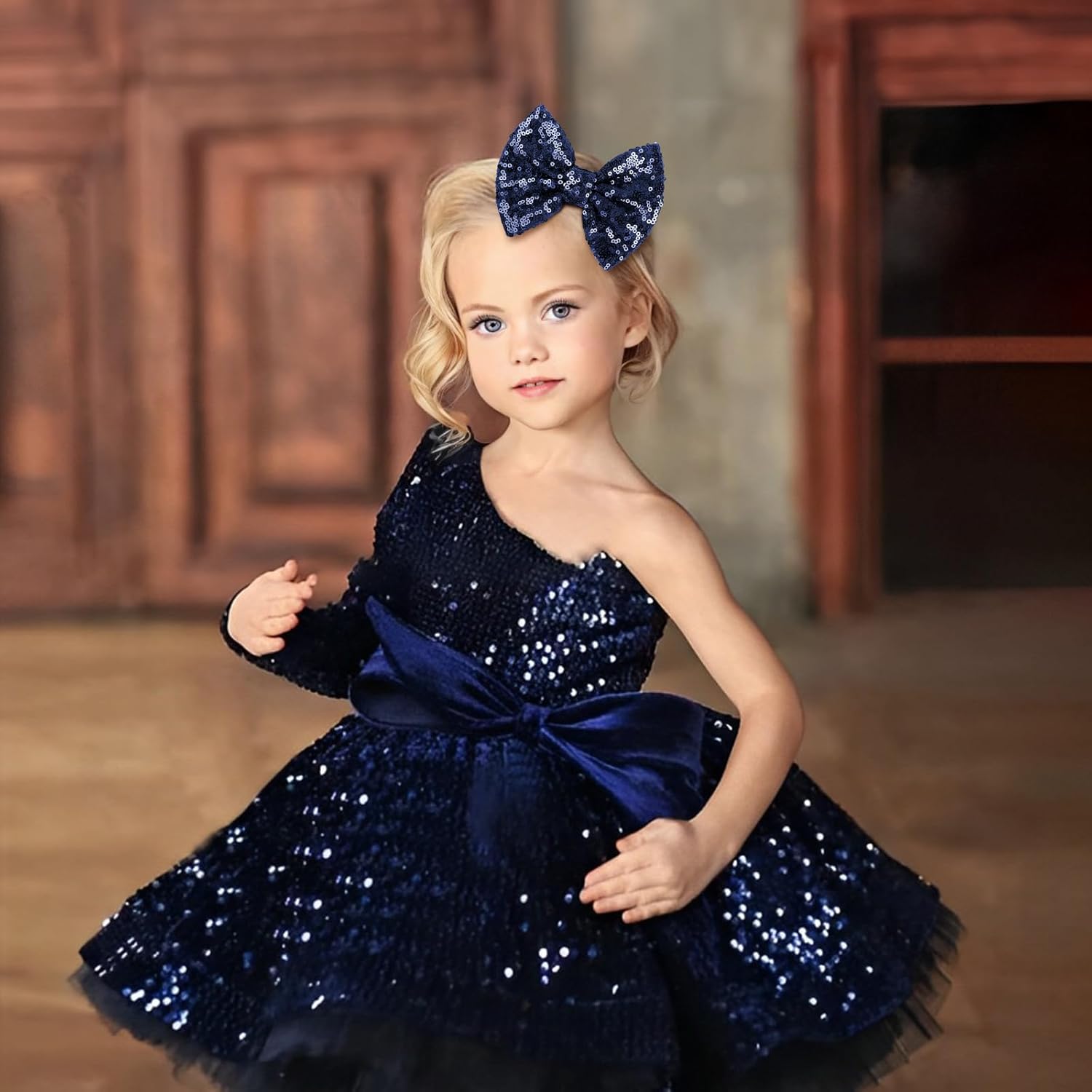 Hair Clip with 5 inches Sequins Large Bow, Alligator Hair Clip for Girls, Women, Teens, Babies, Navy Blue Bow Gift