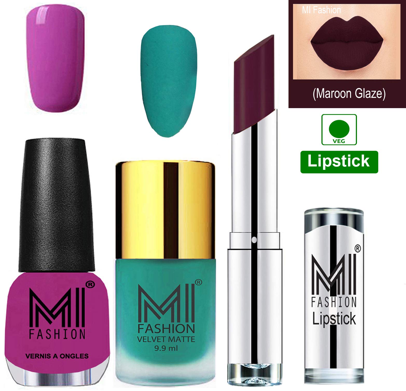 MI Fashion Nail Polish and Lipstick Combo - Sky Pink Matte,Bright Plum Shine and Maroon Rebel-image-18