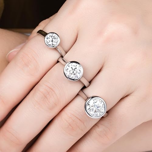 Miniatura 8 de Anillos de Compromiso de Moissanita, Engaste Bisel de 123 CT Diamante Redondo Creado en Laboratorio Anillos de Promesa Solitario en Plata Esterlina