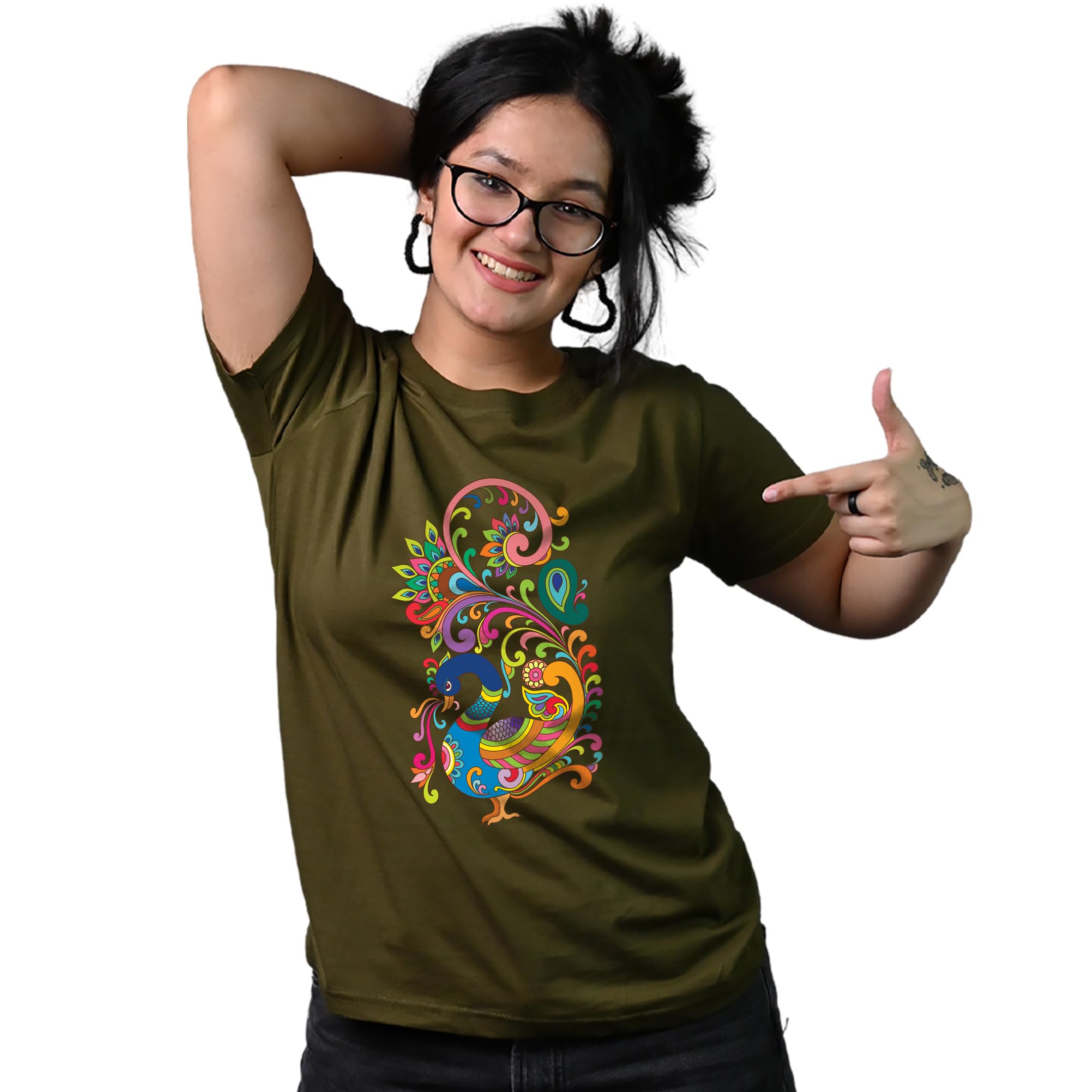 Women’s T-Shirt with Indian Art Peacock Design | Ethnic Paisley Graphic Printed Cotton Tee | Traditional Artistic Half Sleeve Round Neck Top for Women & Girls-picture-13