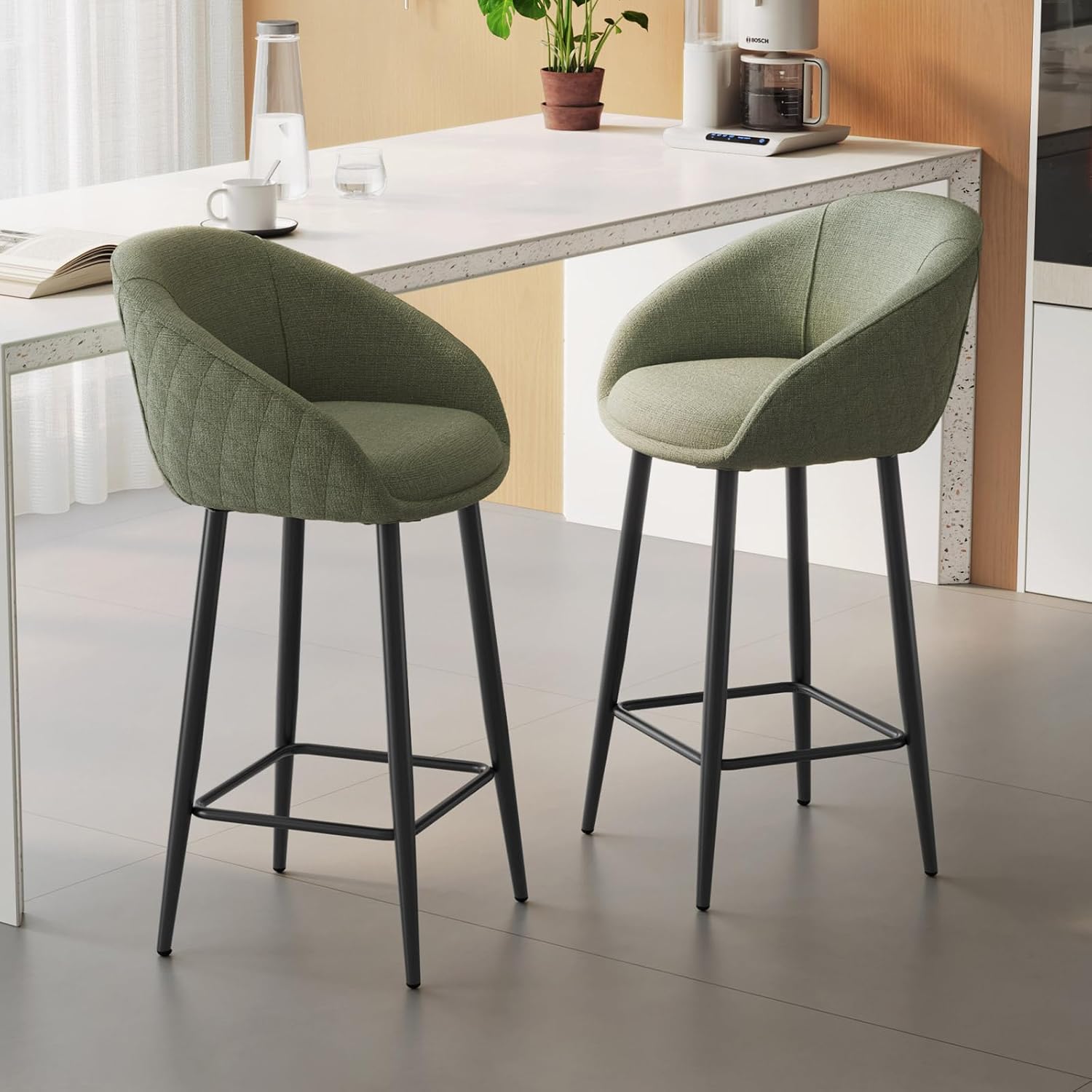 26" Counter Height Bar Stools Set of 2, Upholstered Bar Chairs with Curved Back, Linen Fabric Seat, Metal Legs & Footrest, Modern Barstools for Kitchen Island & Dining Room, Green