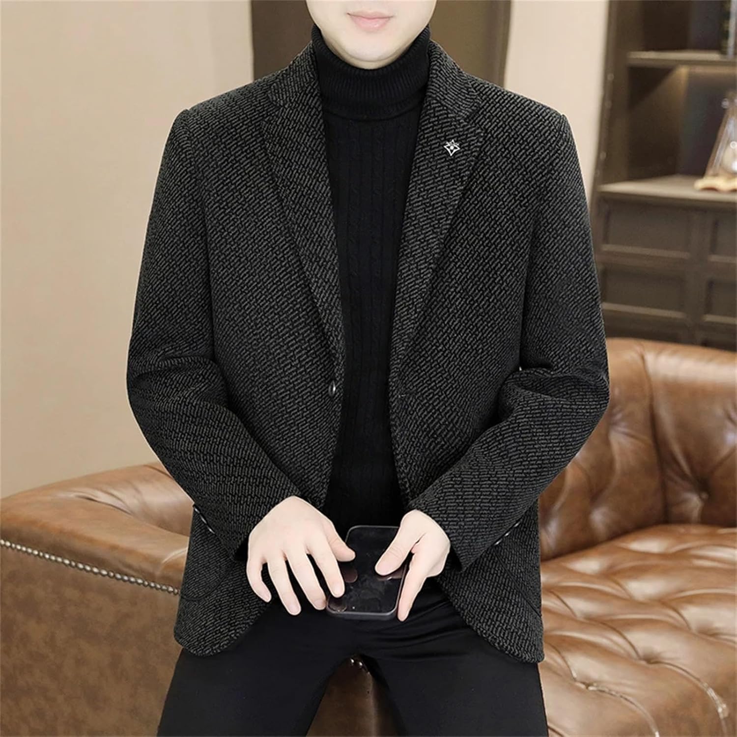 Mens Middle-aged Business Suits Golden Casual Chenille Woolen Jackets