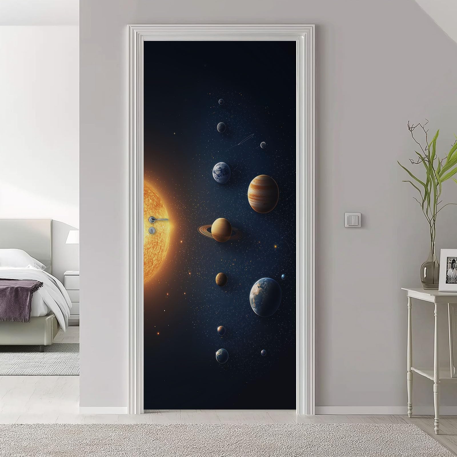Kosmos Planeta Układ Słoneczny Wzór Naklejka na Drzwi, Wodoodporna Naklejka PCV Galaktyka Wszechświat Dekoracja, Samoprzylepna Naklejka Na Drzwi Ciemnoniebieski, 90x200 cm