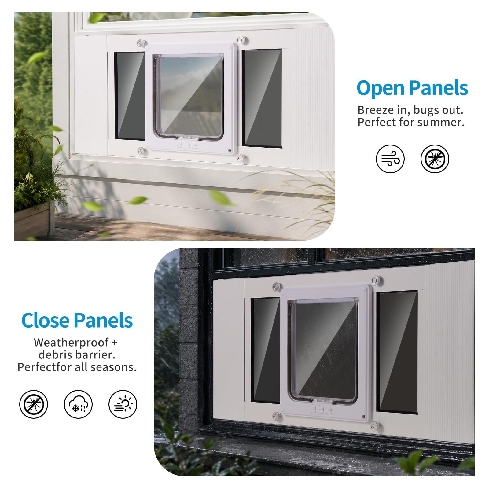 Porta scorrevole per gatti per finestra, adatta a finestre di larghezza 58,4-71,1 cm, installazione rapida, telaio in alluminio + 4 modalità di bloccaggio, design resistente alle intemperie, chiusura