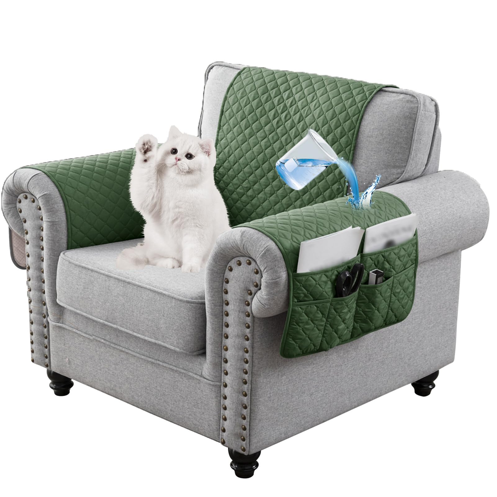 Waterproof Sofa Armrest Cover 1 2 3 Seater Headrest Cover for Recliner Nonslip Quilted Chair Arm Cover, Armchair Slipcover Furniture Protector for Pets Leather Sofa Couch (Dark Green,2-Seater(4PCS))