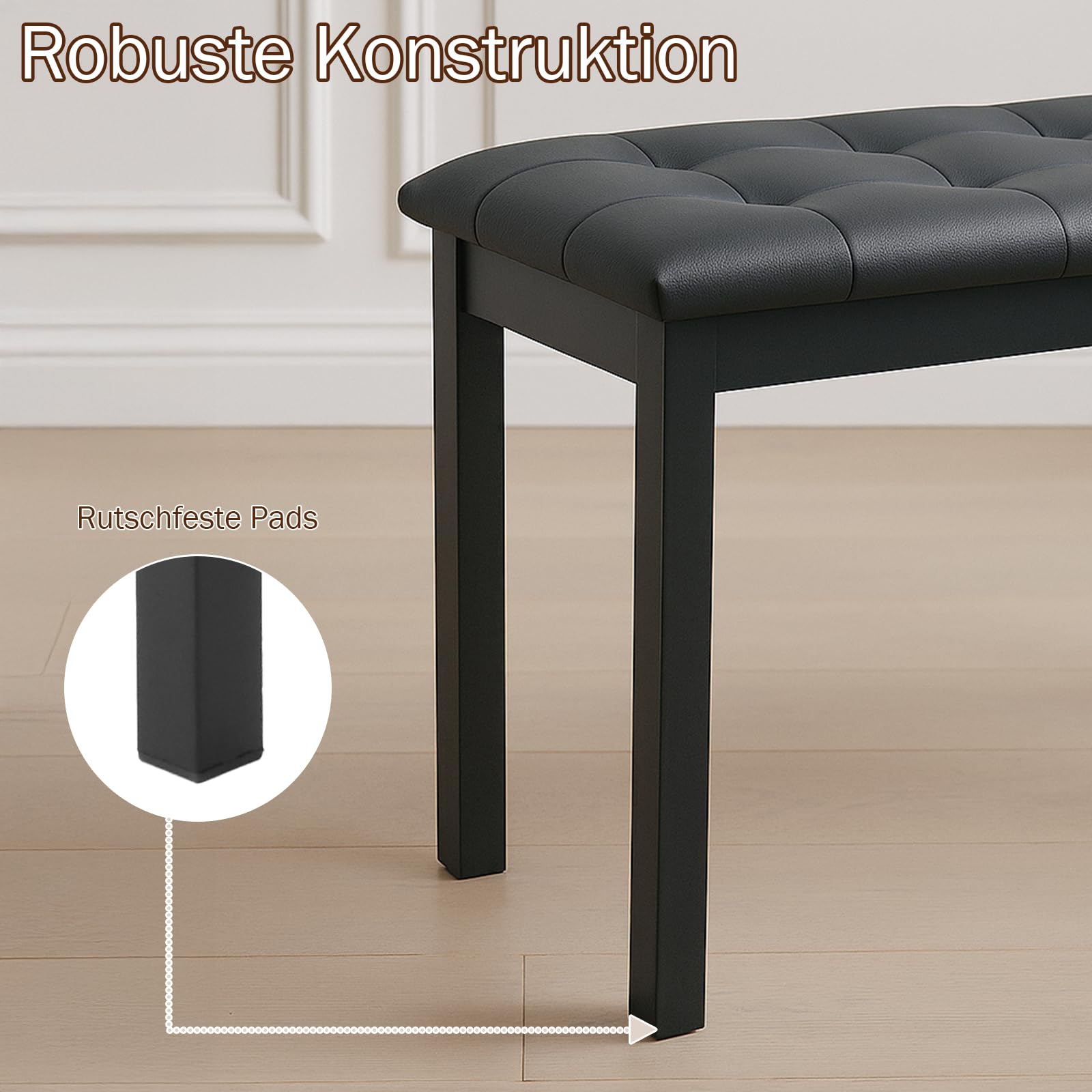 LEADZM Pianobank, Klavierhocker mit PU-Lederkissen und Eisenbeinen, Integrierter Stauraum, Maximale Tragkraft: 200 kg, 70x30x43, Schwarz