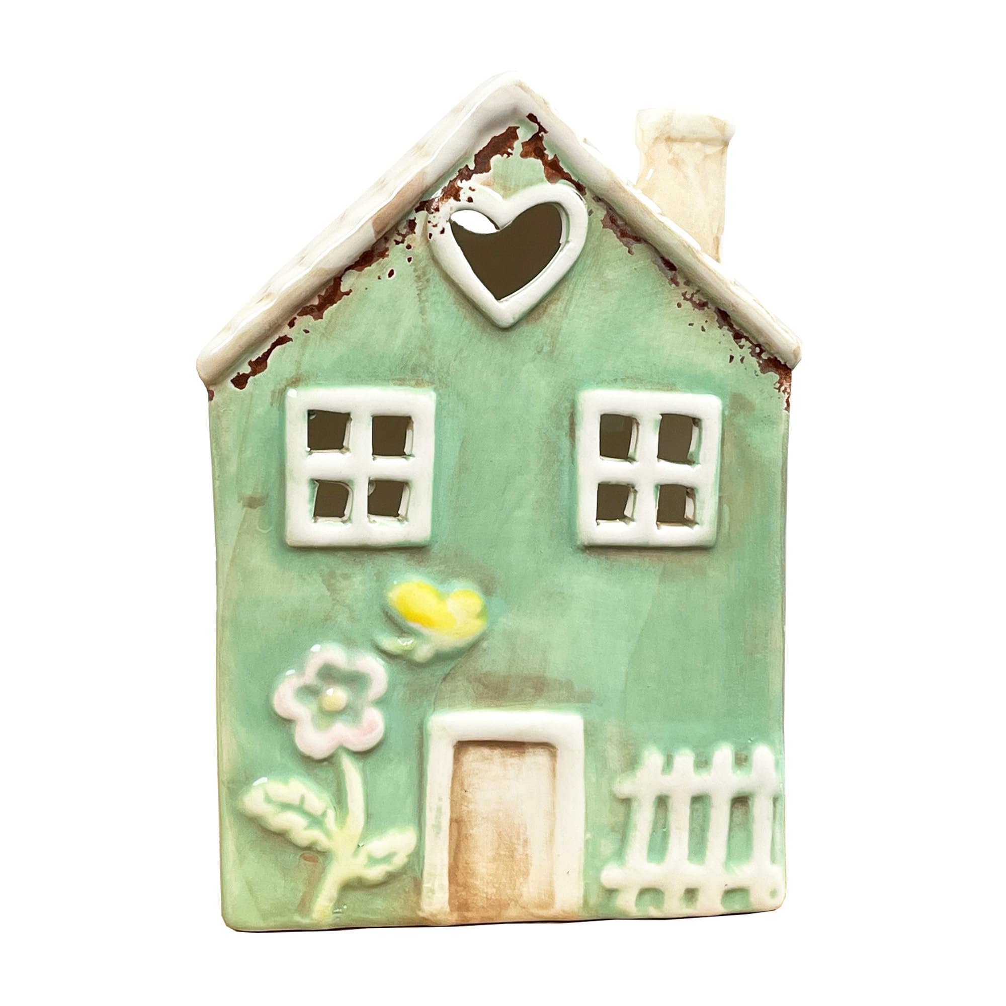 Alfie Francis Green 17Cm Tall Cute Ceramic Village Cottage/House Tealight Candle Holder Ornament Home Decoration