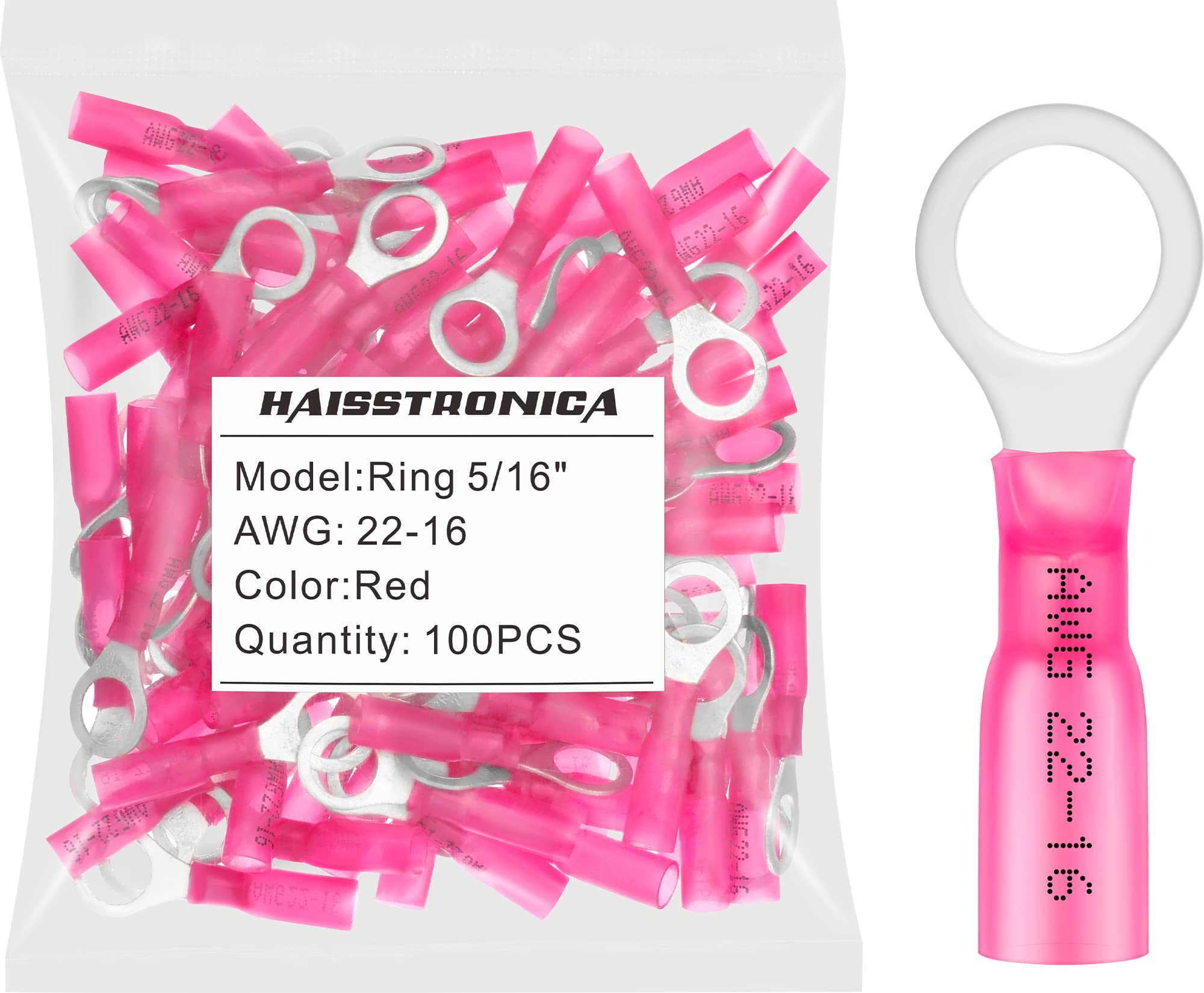 haisstronica 100PCS Heat Shrink Ring Terminals, 22-16 AWG, 5/16 in, Red | Battery and Ground Stud Connections, 0.7 mm Copper Barrel, 3:1 Adhesive-Lined Seal, Automotive Wiring Repairs, Ring Connector Ring 5/16" Red 100
