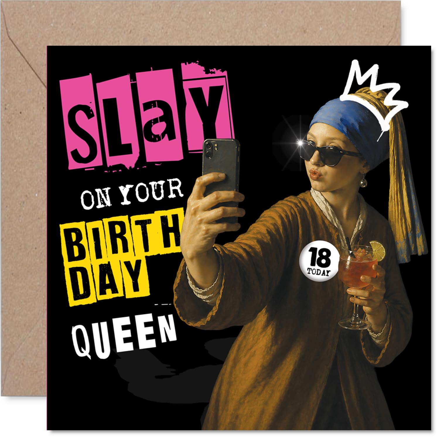 Playful 18th Birthday Card - Slay All Day Vibes - Modern Selfie Queen Artwork in Bold Pinks and Blues - Celebrate Turning 18 in Style - 145mm Square, Envelope Included