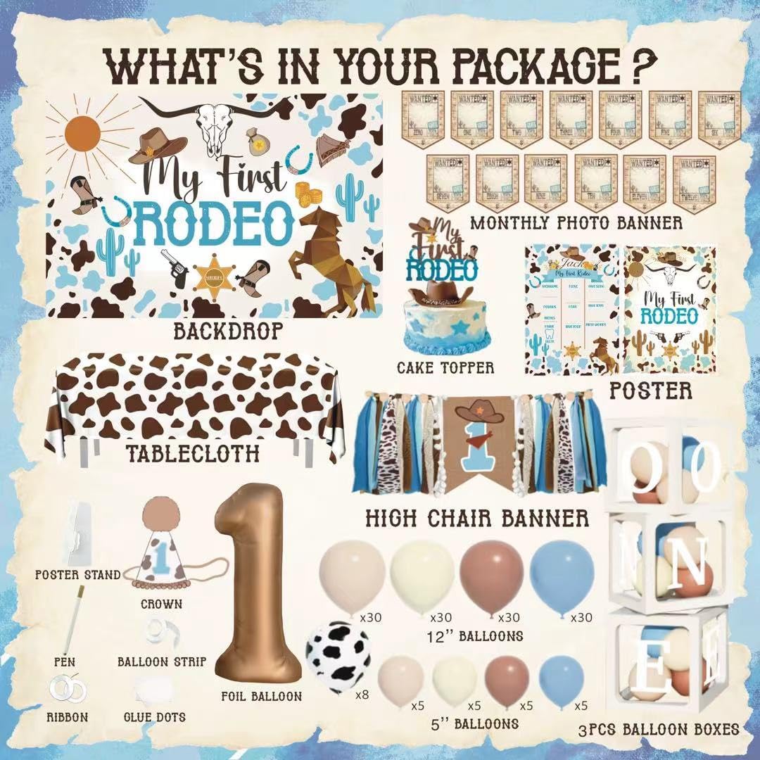 Cowboy 1st Birthday Decorations My First Rodeo Birthday Party Supplies Décor Western Cowboy First Backdrop Balloon Arch Boxes Number 1 High Chair Cowboy Banner for Cow First Rodeo Party Boy Decoration - Image 3