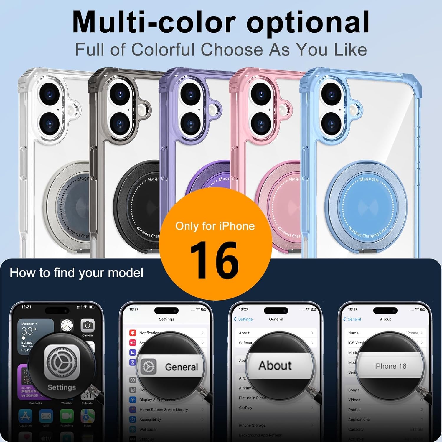 Clear Case for iPhone 16 Case with Magnetic 360 Rotatable Ring Stand [ Compatible with MagSafe ], Military Grade Heavy Duty Cover with Ring Kickstand for Women Men, Transparent - Image 2