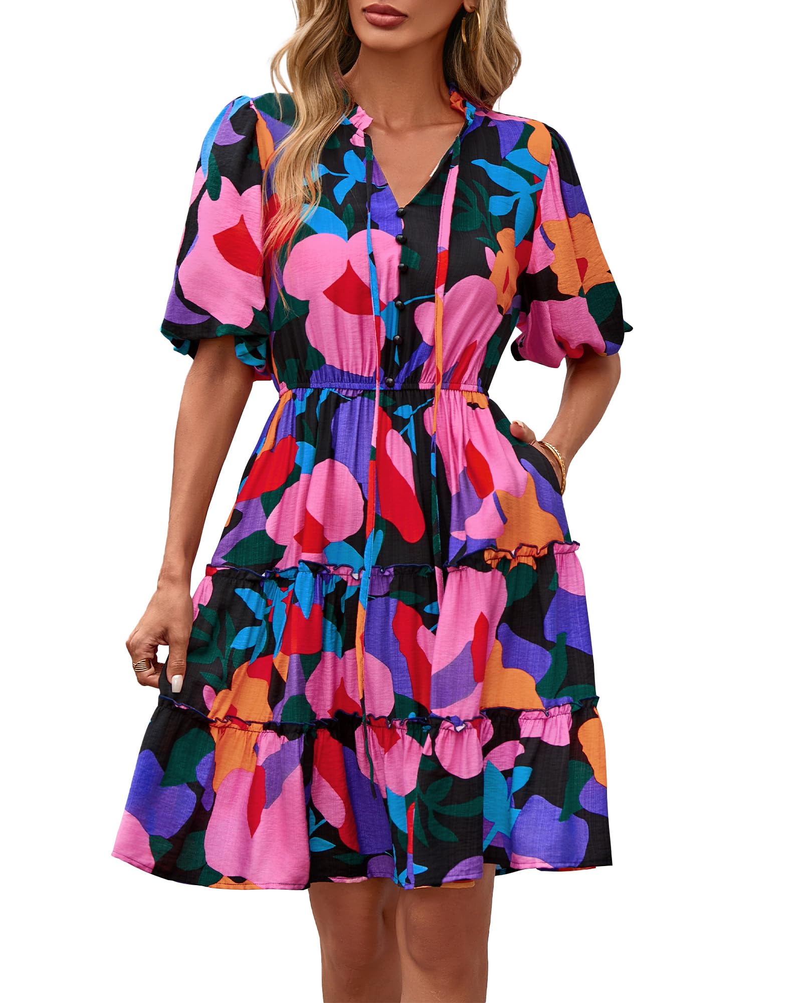 BTFBM Women Summer Floral Short Dresses V Neck Short Sleeve Tiered Ruffle Boho Swing Dress A-Line Mini Dresses