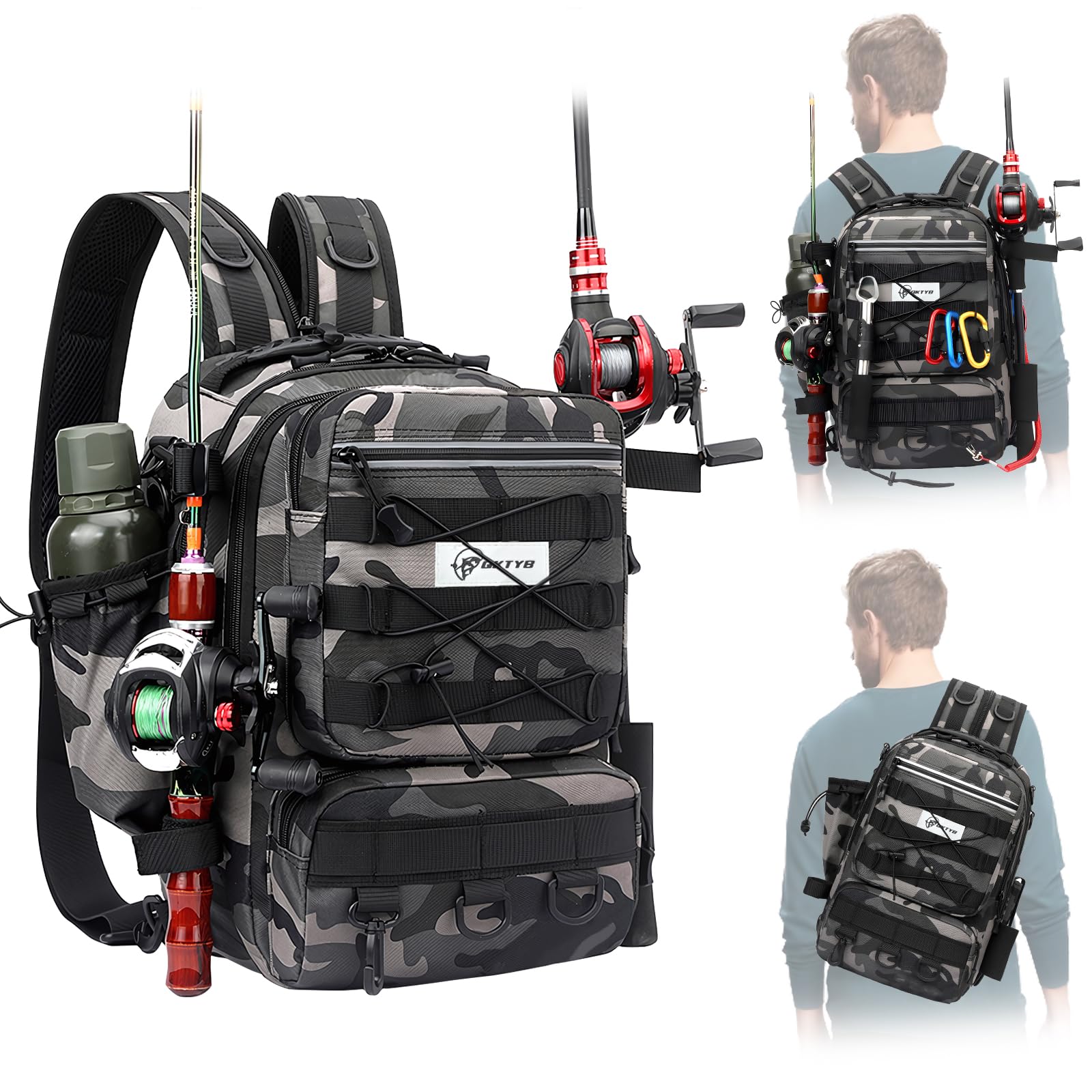 QKTYB 40L Large Capacity Tackle Bag Backpack with Fixed Bracket for Fishing Rod, Waterproof, Adjustable Shoulder Straps, Versatile Camouflage Storage Bag for Sea Fishing, Sports Backpacks, Camouflage