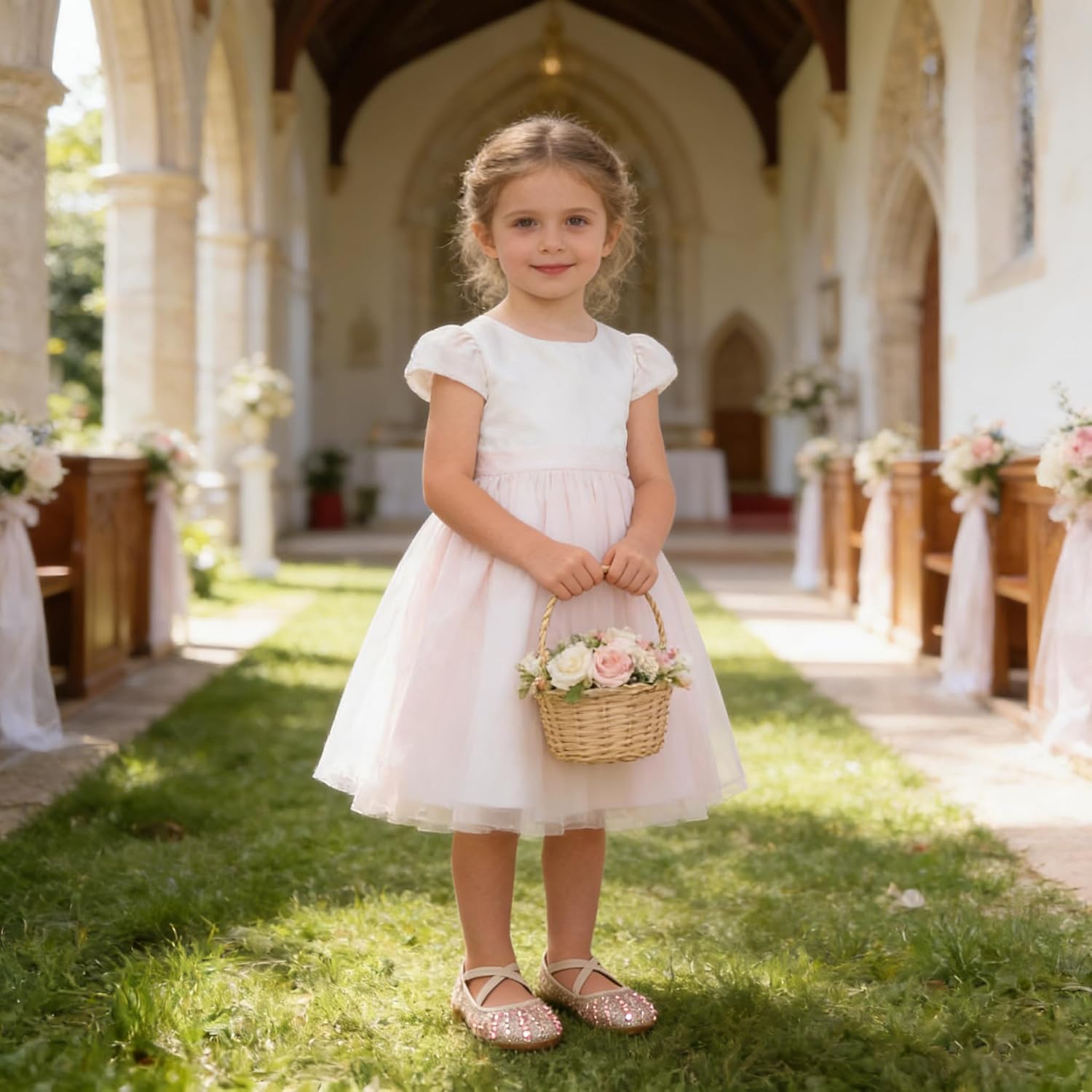 Toddler Girls Dress Shoes Sparkle Rhinestone Flower Girls Mary Jane Slip-On Ballet Flats for School, Wedding, Party