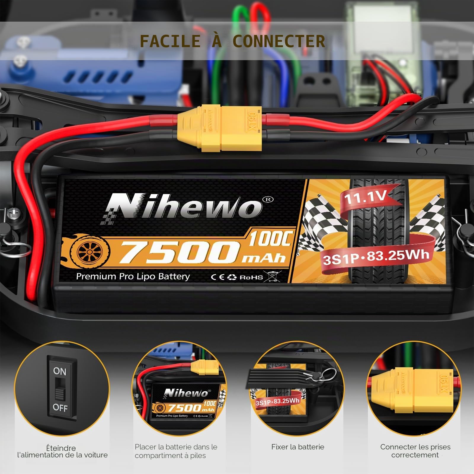Lot de 2 Batteries Lipo 3S 11,1 V 7500 mAh 100C 3S boîtier Rigide Lipo connecteur XT90 Compatible avec Les camions de Voiture RC 1/8 1/10, Les véhicules Truggy, Les modèles d'avions de