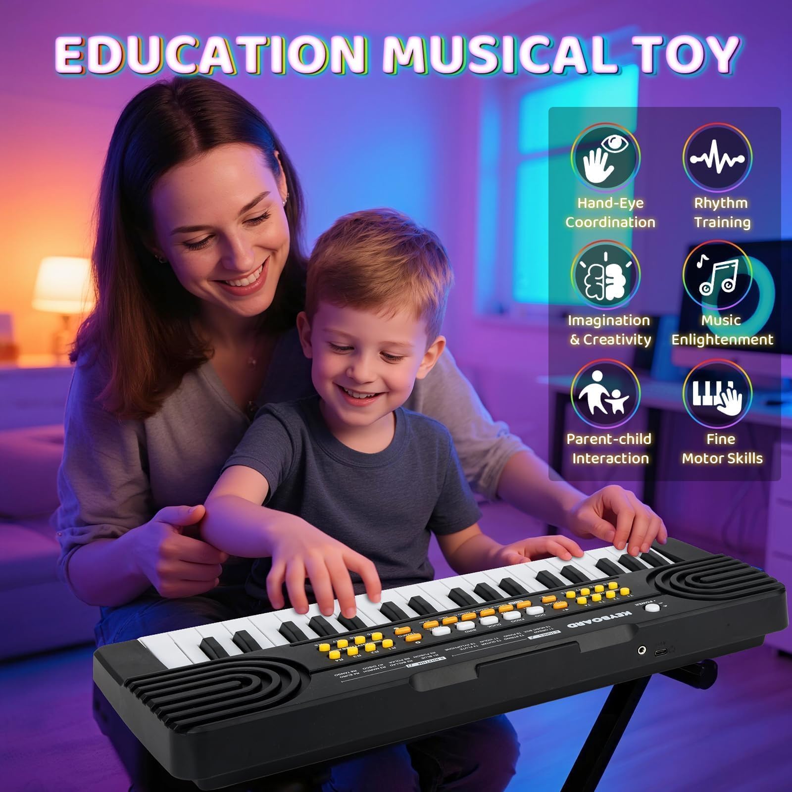 Clavier Piano pour Enfants 3-7 Ans Clavier 37 Touches Clavier Électronique Portable avec Microphone Jouet Musical Éducatif et Cadeau Populaire pour Garçons et Filles (Noir)