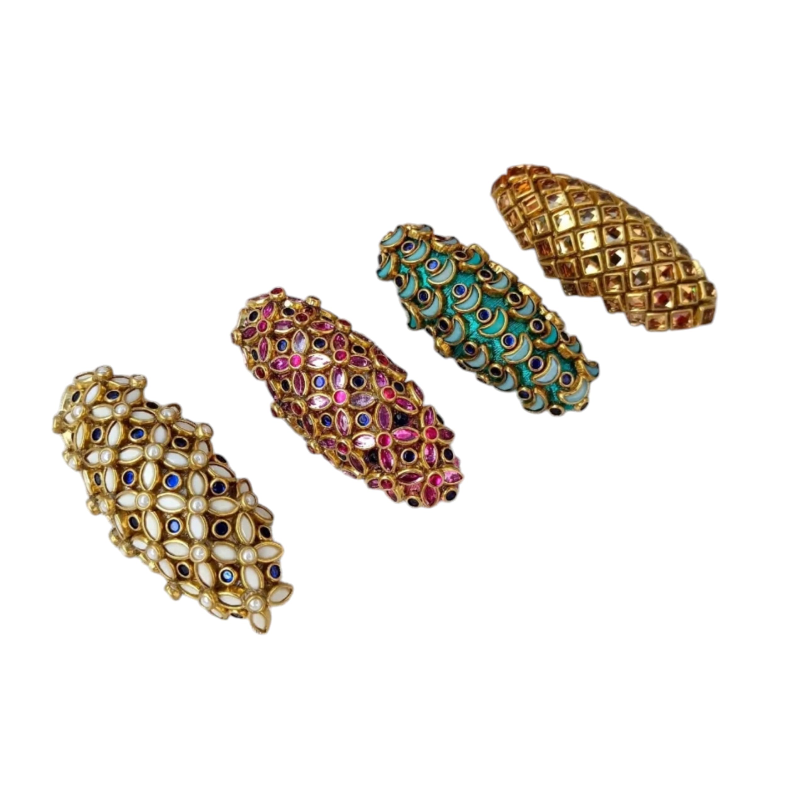 VRCreations Handcrafted Saree Pin or Brooches Pin with Rich Kundans Antique Gold Finish, Pearl and Crystal Embellished, Set of 4-image-48