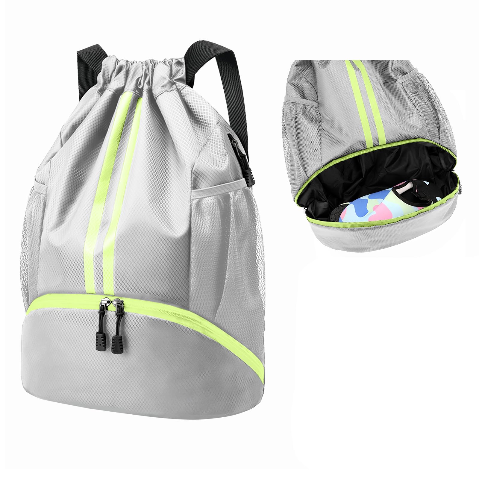 Hoedia Sports Drawstring Backpack - String Swim Gym Bag with Shoes Compartment and Wet Proof Pocket for Women and Men
