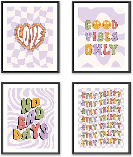 YIXIHOMPT Arte de pared inspirador retro Groovy, juego de 4 impresiones psicodélicas estilo bohemio hippie vintage en tonos pastel de los años 70 y