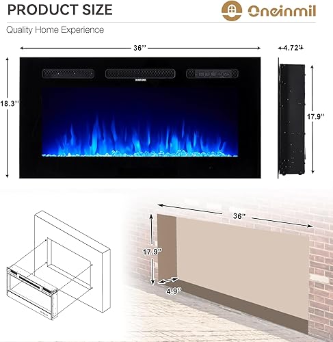 Miniatura 5 de oneinmil Chimenea eléctrica, 50 pulgadas de ancho, chimenea eléctrica empotradamontada en la pared, control remoto con temporizador, 12 llamas,