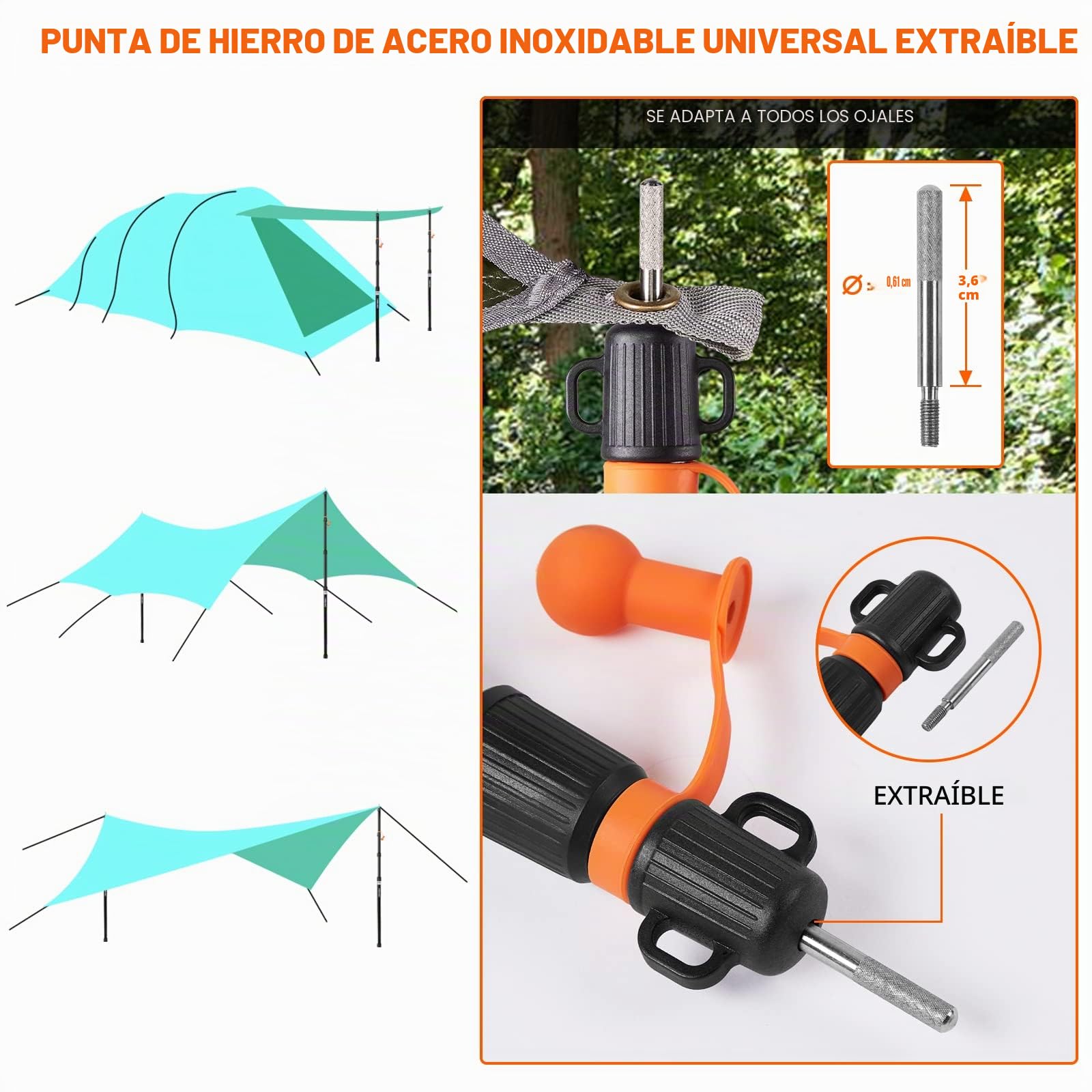 CAMULAND Barras Telescópicas para Tienda de Campaña - Ajustables, Resistentes al Agua y Viento, Portátil Ligero para Camping, Senderismo, Hamaca (2 Unidades)