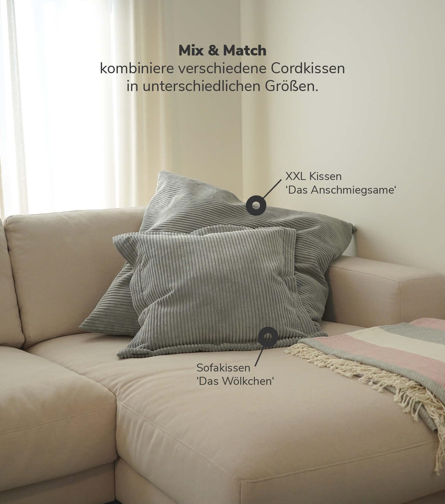 mokebo Dekokissen Set 'Die Kuschelbuddies', 2er-Set Cordkissen 45x45 cm mit Füllung in Anthrazit, auch als Sofakissen, Zierkissen oder Couchkissen mit Cordbezug