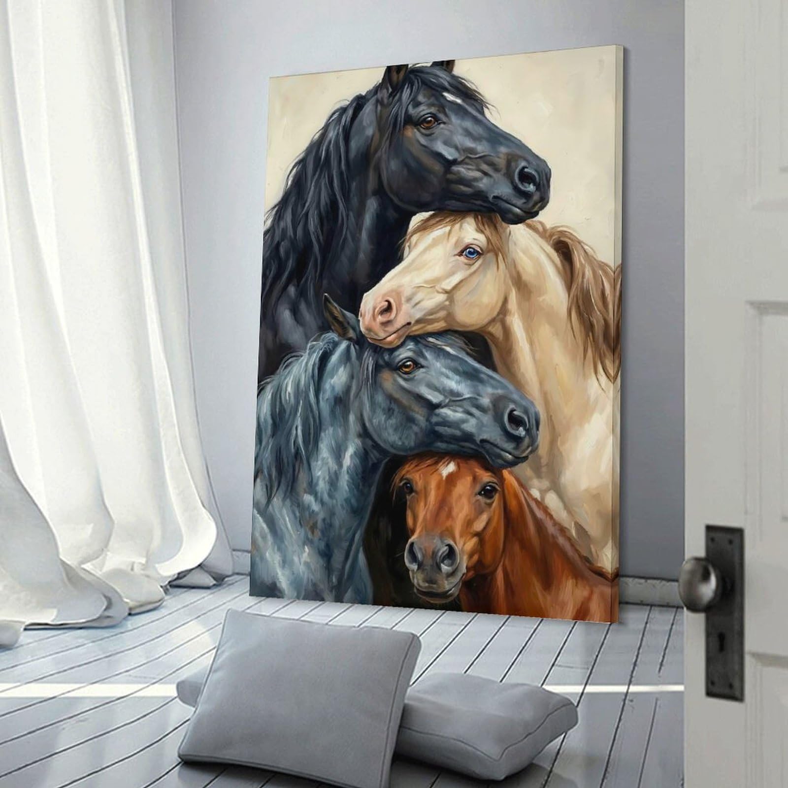 Junmoney Frame-Style-6 Stacked Horses Portrait Wall Picture Print, 16X24inch(40X60cm), For Workspace Walls, Study Corners Or Bedrooms, Wall Art That Adds Style To Work Areas