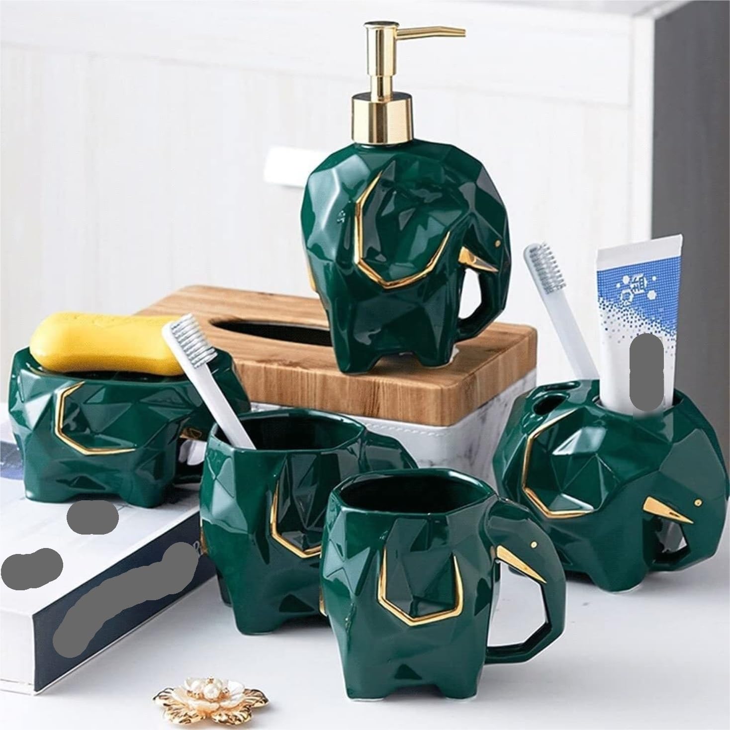 Accessori Bagno Set Bagno Set di Accessori da Bagno da 5 Pezzi Dispenser di Sapone Geometrico Dispenser di Lozione in Ceramica Portaspazzolino Accessori Bagno Decorazioni(Grün)