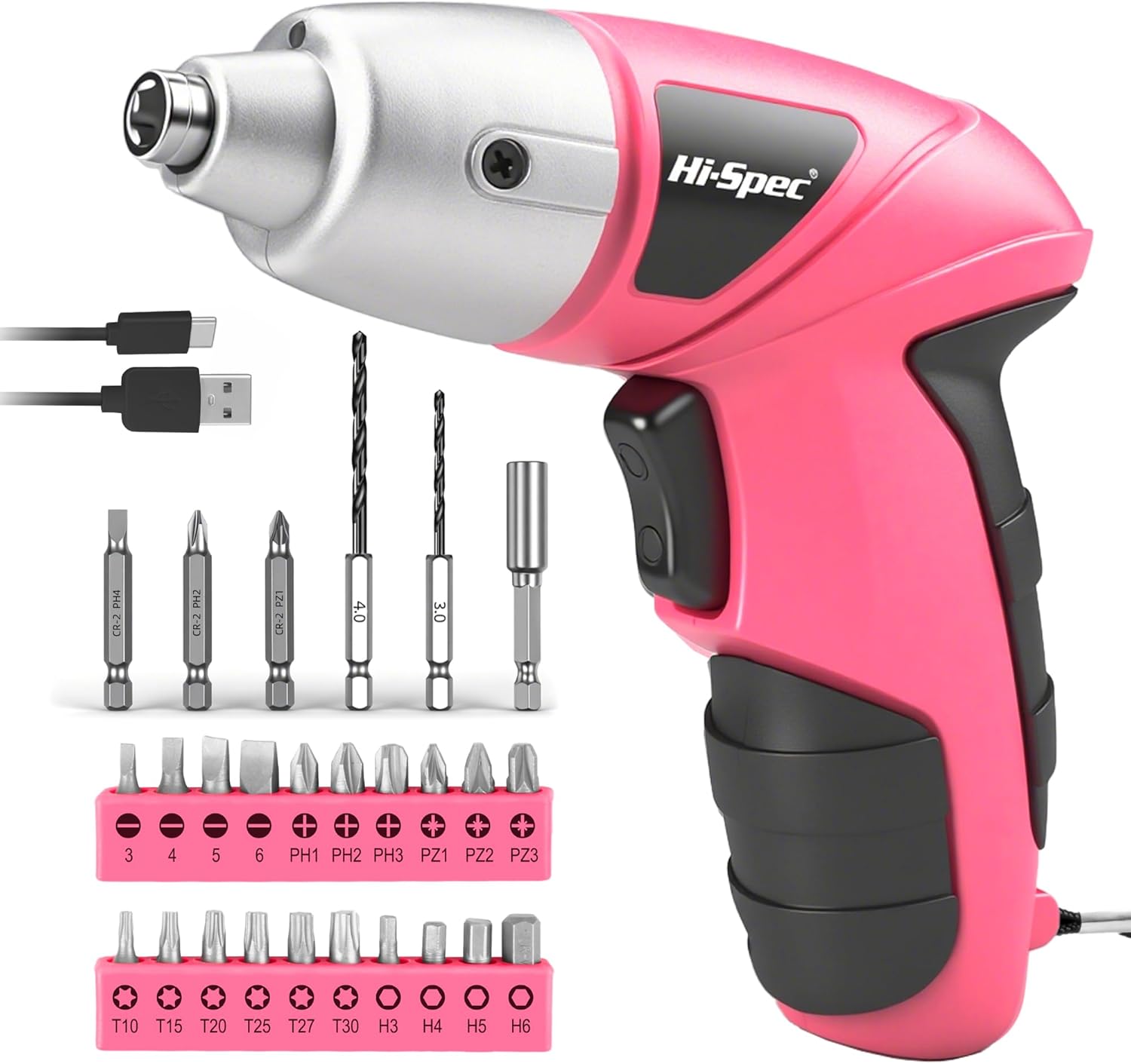 Hi-Spec Small Electric Screwdriver, Mini Drill Set, Rechargeable 3.6V Cordless Screwdriver with 26 Driver Bits, Power Tool for Small Projects & Home Use, Pink