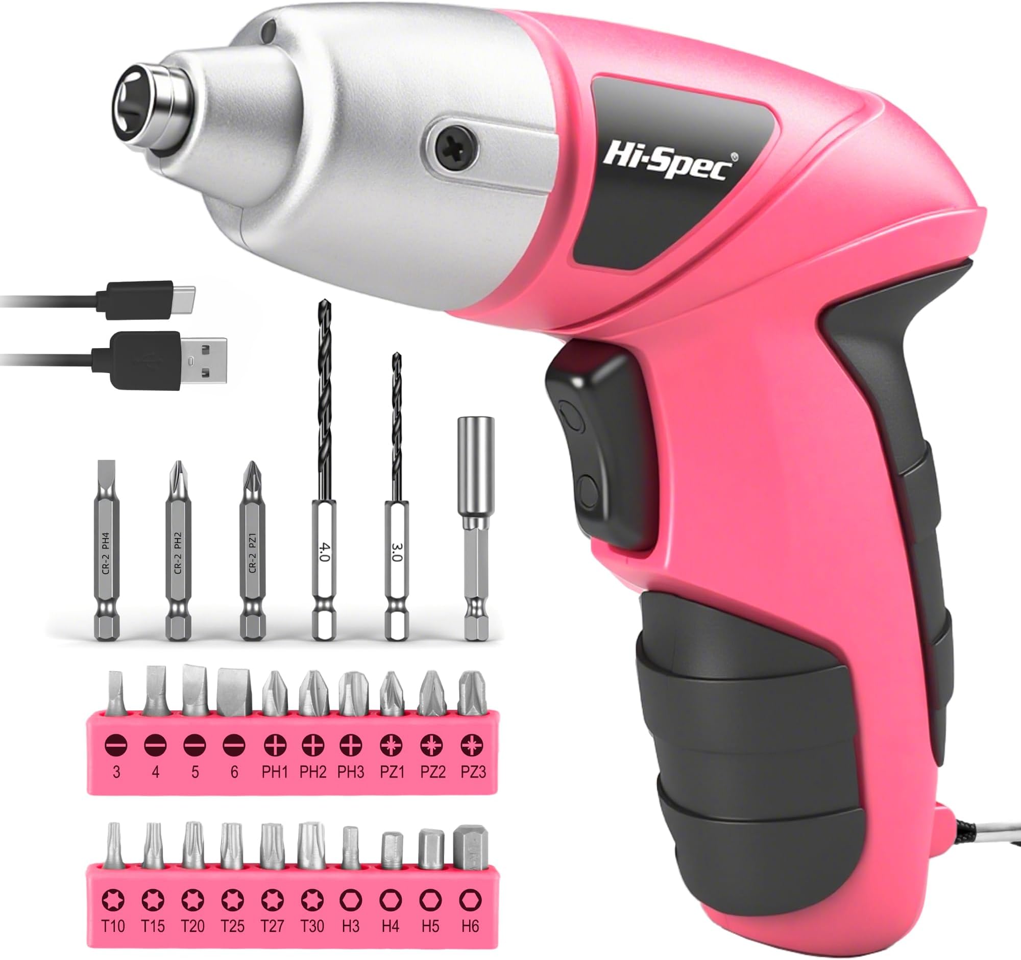 Hi-Spec Small Electric Screwdriver, Mini Drill Set, Rechargeable 3.6V Cordless Screwdriver with 26 Driver Bits, Power Tool for Small Projects & Home Use, Pink