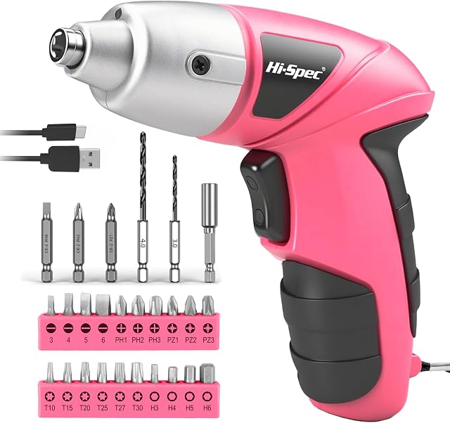 Hi-Spec 3.6V Rechargeable Electric Screwdriver Set for Home Repairs, Pink | 27 pc included, quick assembly jobs, reduced hand fatigue, portable charging convenience, tidy storage, ready for quick tasks