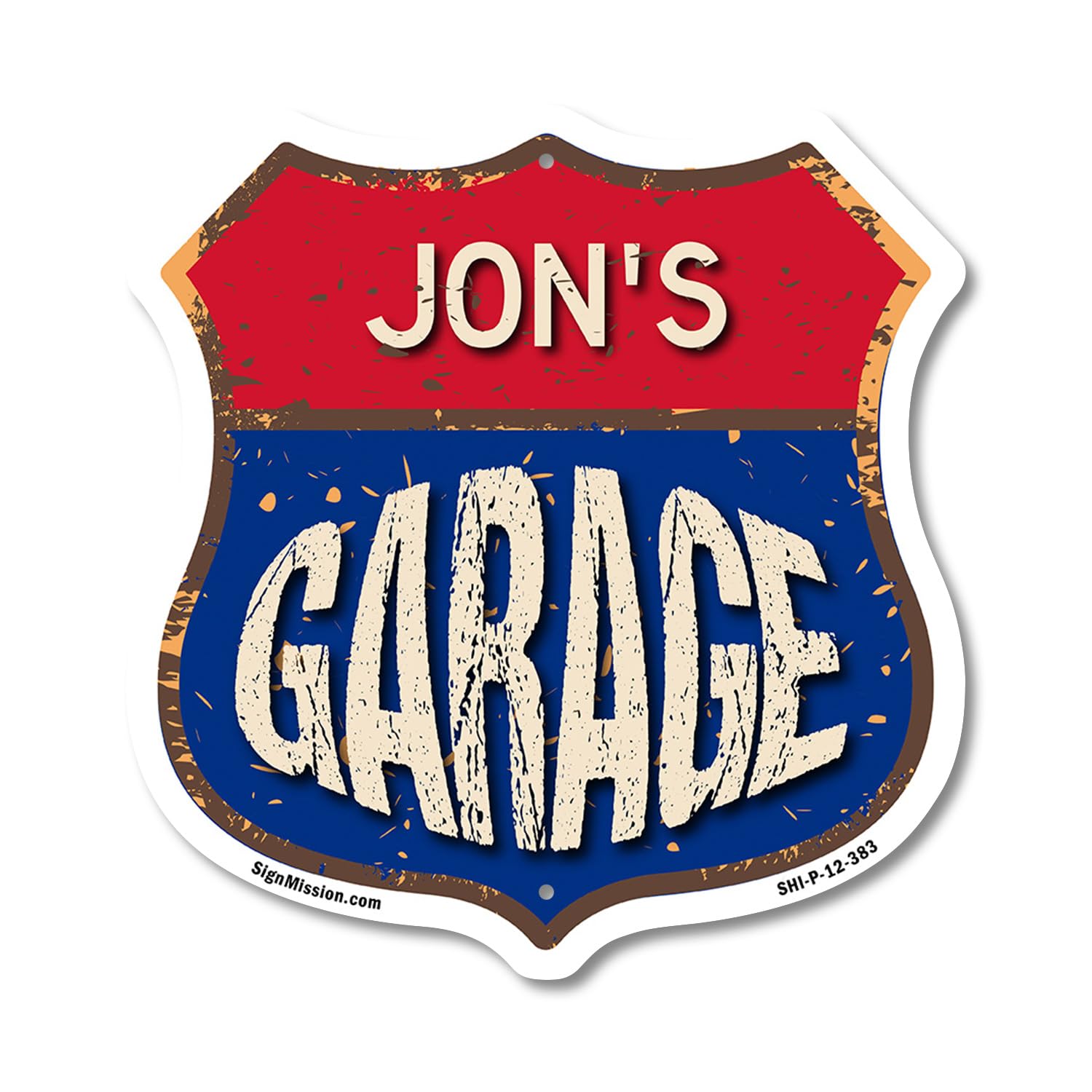 Jon's Garage 12 inch X 12 inch Shield Shaped Commercial Grade Plastic Sign Weather Resistant, UV Protected To last, Gift for Dads and Uncles Classic Americana Crafted in the USA