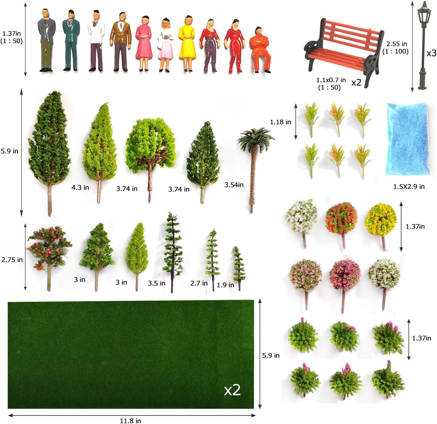 Model Scenery Kit, 47pcs, Painted Figures, Model Train Scenery, Miniature Trees, Model Trees, Model Grass Mat for Miniature Scene Landscape