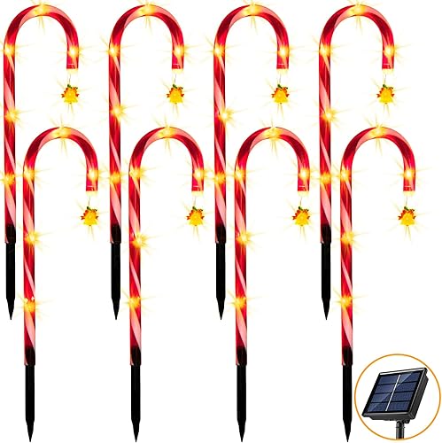 Paquete de 8 luces de bastón de caramelo de Navidad para exteriores, luces solares para caminos con campana, decoraciones de Navidad, marcadores
