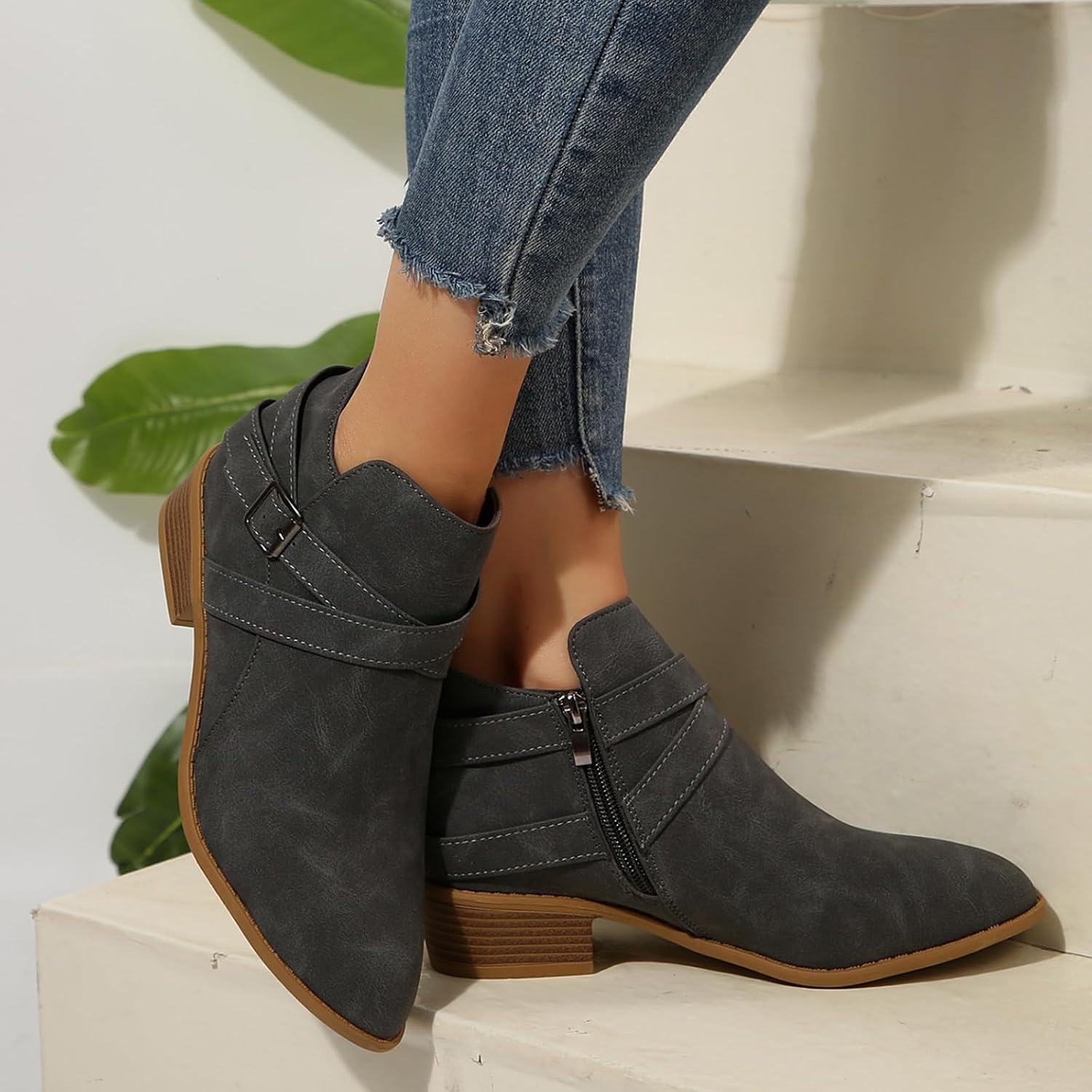 Women's Leather Buckle Strap Chunky Heel Ankle Boots with Side Zipper Fashion Comfortable Round Toe Low Stacked Heel Booties for Daily Casual Work Short Boots