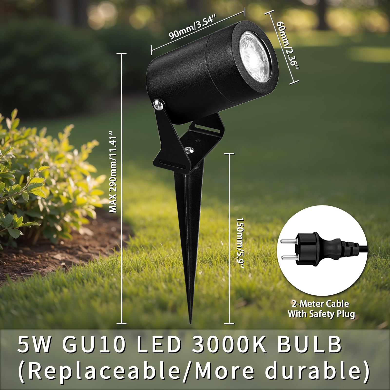 JNR Reflektor ogrodowy LED ze stali nierdzewnej, wodoszczelny, IP65, wodoszczelny, 5 W, GU10, 3000 K, ciepła biel, kabel 2 m z wtyczką, oświetlenie ogrodowe (2, czarne)